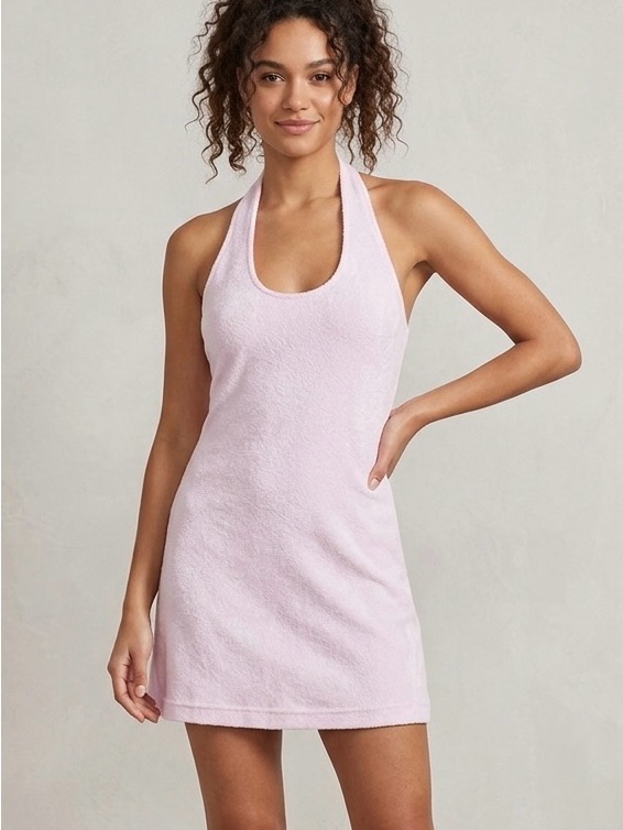 Fabletics Pink Terry Baby Doll Mini Dress Xs Sleeveless Halter Button Solid